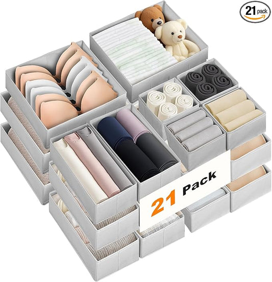 Drawer Organizer Clothes, 21 Pack Dresser Organizer for Baby Clothes, Underwear, Socks, 3 Sizes Foldable Closet Organization and Storage Bins for Nursery, Bedroom (Grey)