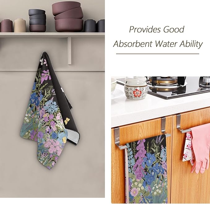 2 Pcs Purple Blue Wildflower Hand Towels for Bathroom,Soft Absorbent Vintage Garden Floral Butterfly Black Dish Towels for Kitchen,Quick Dry Decorative Bathroom Towels for Face,Shower 14"x28"