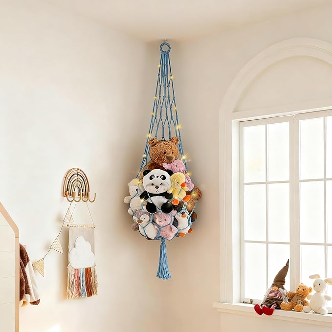 Stuffed Animal Hammock Corner Net with LED Light Plushies Storage Hammock for Stuffed Animals Boho Room Decor Macrame Wall Decor