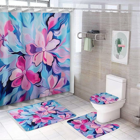 4 Piece Shower Curtain Sets Colorful Modern Floral Abstract Art Pink Blue with Non-Slip Rugs Toilet Lid Cover and Bath Mat Bathroom Decor Set Modern Abstract Art Painting 12 Hooks for Bathroom Decor
