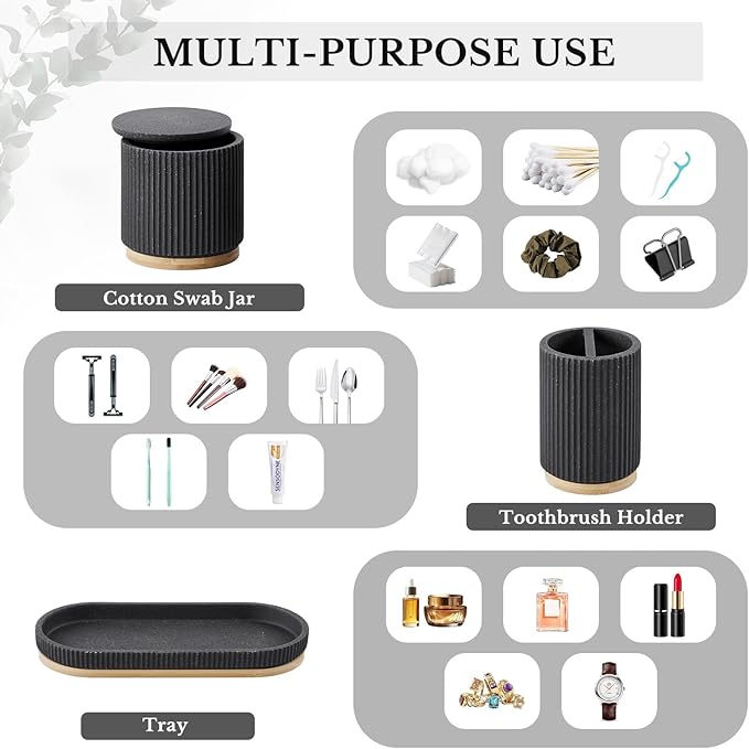 7PCS Bathroom Accessories Set, with Soap Dispenser, Q-tip Holder, Toothbrush Holder, Tumbler, Soap Dish, Vanity Tray, Bathroom Set Complete Organizer Countertop for Modern Decor, Black