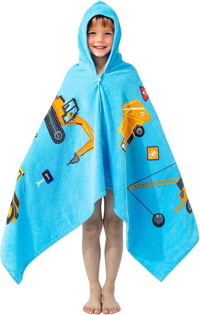 Gealaek 100% Cotton Hooded Towel for Toddlers 5-12 Years Boys Girls 60"x30" Extra Large Wearable Wrap Kids Bath Pool Beach Towel Soft Absorbent Beach Poncho(Construction Site XL)