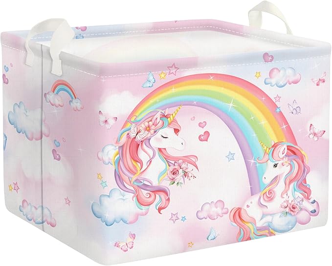 Clastyle Collapsible Large Rainbow Unicorn Baby Girl Basket Pink Flower Cloud Butterfly Book Shelf Basket with Handle Rectangle Toy Clothes Cube Storage Basket for Kids Room Nursery