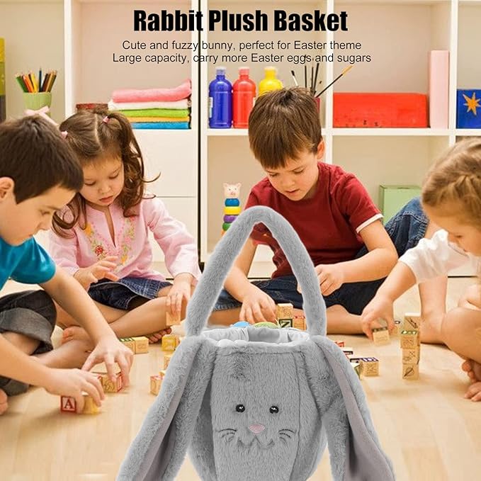 Plush Easter Bunny Basket, Children Easter Basket, Cute Cartoon Bunny Bag with Long Ears, Soft Plush Easter Egg Collector for Kids Easter Party Gift (Light Gray)