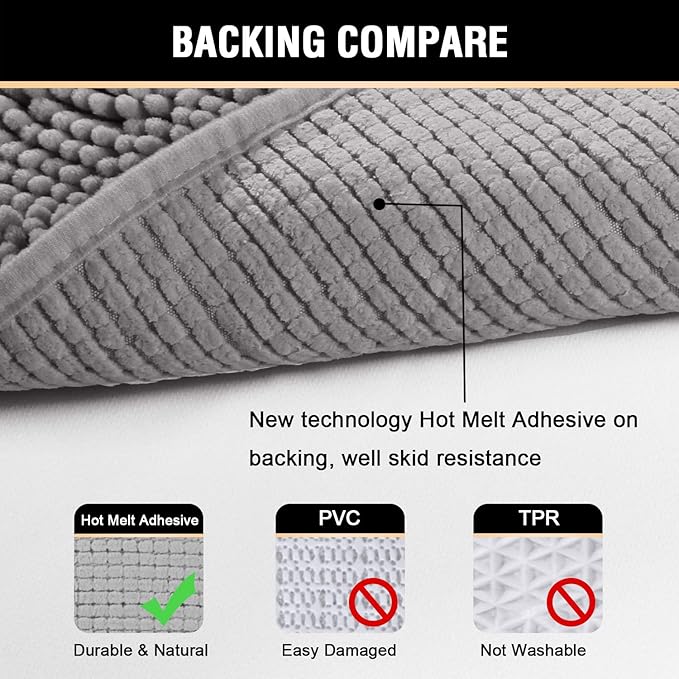 H.VERSAILTEX Microfiber Bath Rugs Chenille Floor Mat Ultra Soft Washable Bathroom Dry Fast Water Absorbent Bedroom Area Rugs Grey, 20 inches by 32 inches