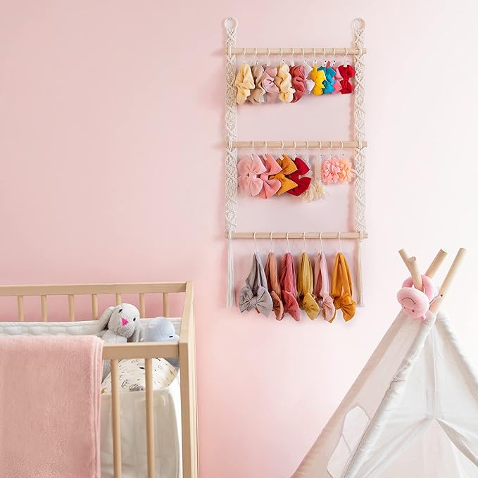 Dahey Hair Bows Organizer for Girls Headband Holder with 30 Hooks Wall Hanging Bow Holder Organizer Storage Hair Accessories Boho Nursery Decor for Baby Girls Room, 29.5"x15"