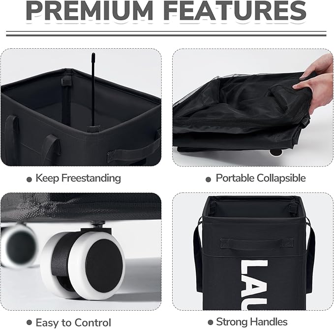 CHICVITA 2 Pack Laundry Hamper with Wheels & Removable Wash Bags, 75L Tall Laundry Basket for Dorms, Large Collapsible Hamper for Corner Spaces - Black