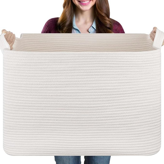 108L Extra Large Blanket Basket, 24.8" x 16.2" x 16.2" Rectangle Woven Storage Baskets for Living Room, Nursery, Bedroom, Toy Basket with Handle (White)
