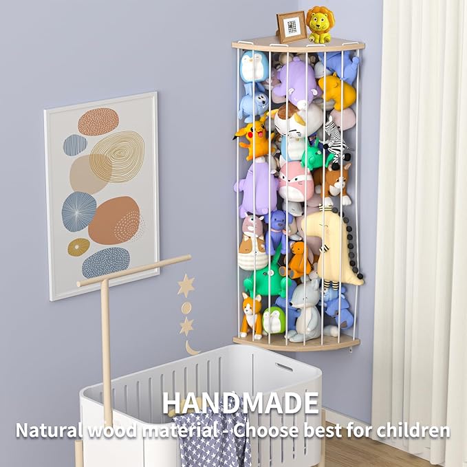Corner Stuffed Animal Storage Zoo, Large Adjustable Solid Wood Plush Toy Organizer, Hanging Stuffie Holder Shelf & Cage with Engraved Dinosaur Star Moon for Kids Nursery Playroom