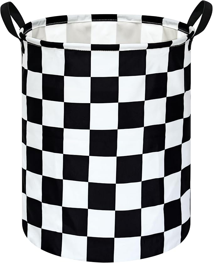19.7 Inch Round Laundry Hamper Black Check Laundry Basket Fabric Storage Hamper Organization Basket, Storage Bin, Toy Box,Gift Basket with Handles for Room