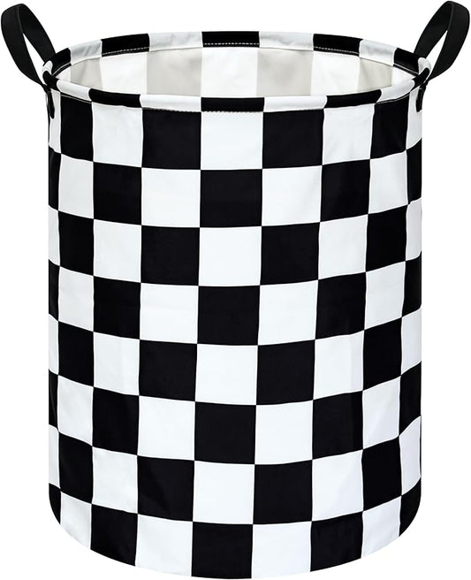 19.7 Inch Round Laundry Hamper Black Check Laundry Basket Fabric Storage Hamper Organization Basket, Storage Bin, Toy Box,Gift Basket with Handles for Room