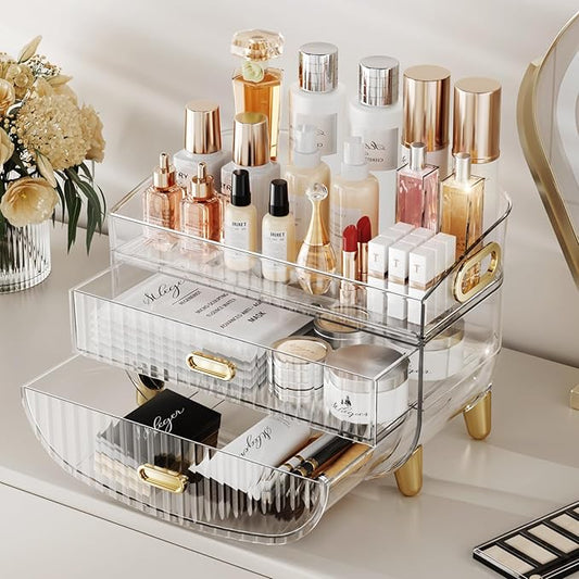 LAMU Makeup Organizer With 2 Drawers, Bathroom Storage With Four Non-Slip Feet And Dust-Proof, Simple And Stylish For Desktop, Vanity, Bathroom Countertops, Clear, Ideal Christmas Gifts for Girls