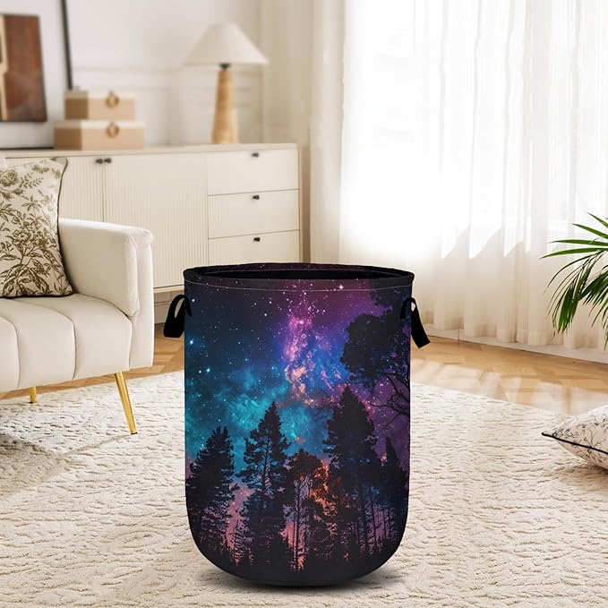 Purple Galaxy Forest Laundry Basket, Laundry Hamper Collapsible Oxford Cloth with Handle Clothes Toy Storage Bin for Bathroom Laundry Room Bedroom 15.7 X 20 Inch