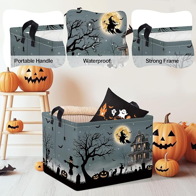 Clastyle Halloween Pumpkin Storage Basket Kid Spooky Book Gift Basket Empty Outdoor Graveyard Jack-o-lantern Boo Bin Baby Nursery Clothes Hamper Toy Box,Witch Bat,40*30*30 cm