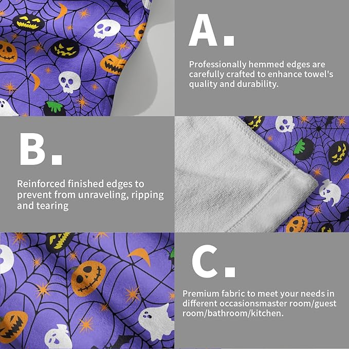 Halloween Spooky Bat Pumpkin Hand Towel Set of 2 Soft Absorbent Funny Halloween Scary Purple Spiderwebs Tea Towels Baking Cooking Wash Cloth for Bathroom Kitchen Bar Beach Gym Spa Decor 14x28 Inch