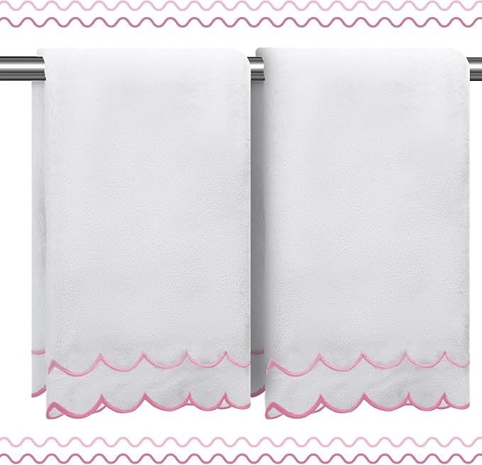 100% Cotton Hand Towels for Bathroom 2 Pcs Scalloped Hand Towels 16 * 27 Inch Embroidered Decorative 600 GSM Soft Absorbent Bath Towel for Spa Yoga Hotel Sport (Pink)