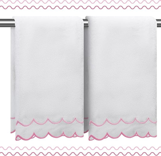 100% Cotton Hand Towels for Bathroom 2 Pcs Scalloped Hand Towels 16 * 27 Inch Embroidered Decorative 600 GSM Soft Absorbent Bath Towel for Spa Yoga Hotel Sport (Pink)
