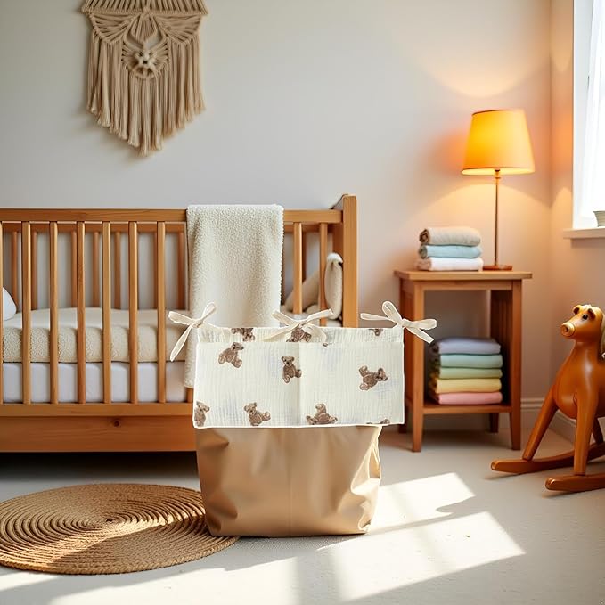2Pcs White Bedside Hanging Bags Milk Bottle Bib-Storage Crib Organizer Baby Nappy-Dormitory Bed-Bunk Organizing Bag Nappy- Organizer, Little Bear Nursery Hanging Organizers