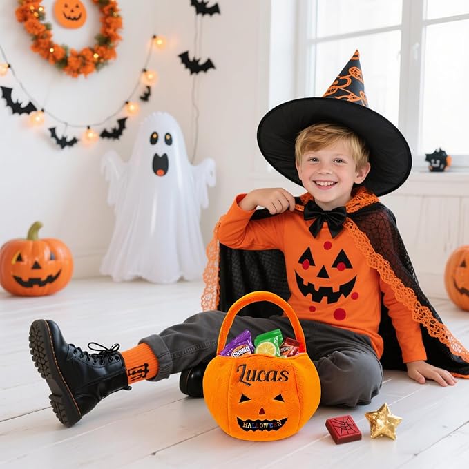 Personalized Halloween Baskets for Kids Trick or Treat Bucket| Custom Name Embroidered for Trick or Treat Bags- Halloween Pumpkin Candy Treat Bucket