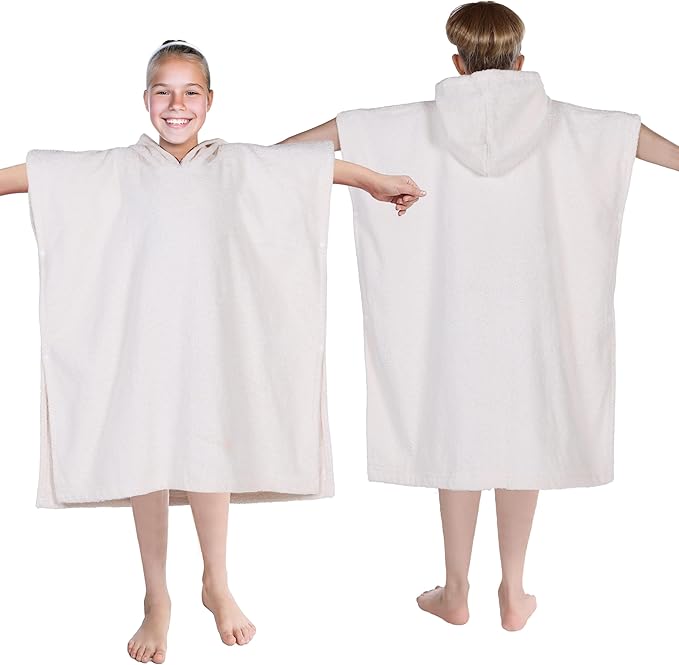 Superior Kids Cotton Terry Poncho, Soft, Absorbent Bath Towel with Hood, Bathroom Accessories, Long, Plush Bathrobes for Bath, Shower, Spa, Resort, Hotel, Beach, Pool, Boy, Girl, Large Size, Ivory