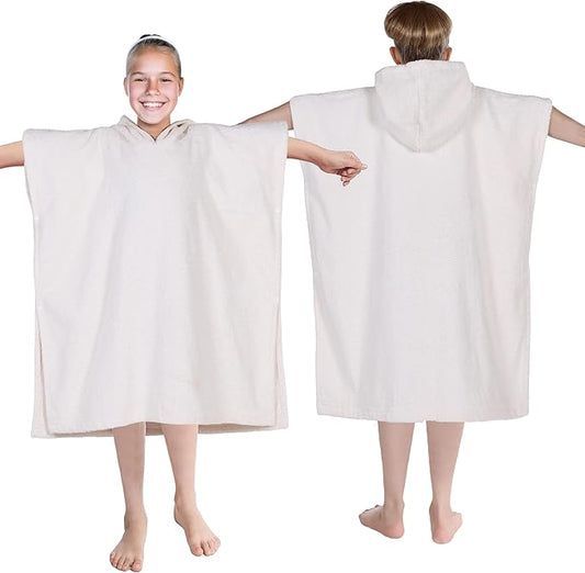 Superior Kids Cotton Terry Poncho, Soft, Absorbent Bath Towel with Hood, Bathroom Accessories, Long, Plush Bathrobes for Bath, Shower, Spa, Resort, Hotel, Beach, Pool, Boy, Girl, Large Size, Ivory