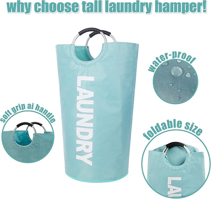 Twira 100L Large Laundry Basket, Laundry Hamper Stands Up Well, Laundry Bag with Padded Handles, Waterproof Clothes Bin Collapsible, Clothes Hamper for Bathroom, Laundry, College (Light Blue)