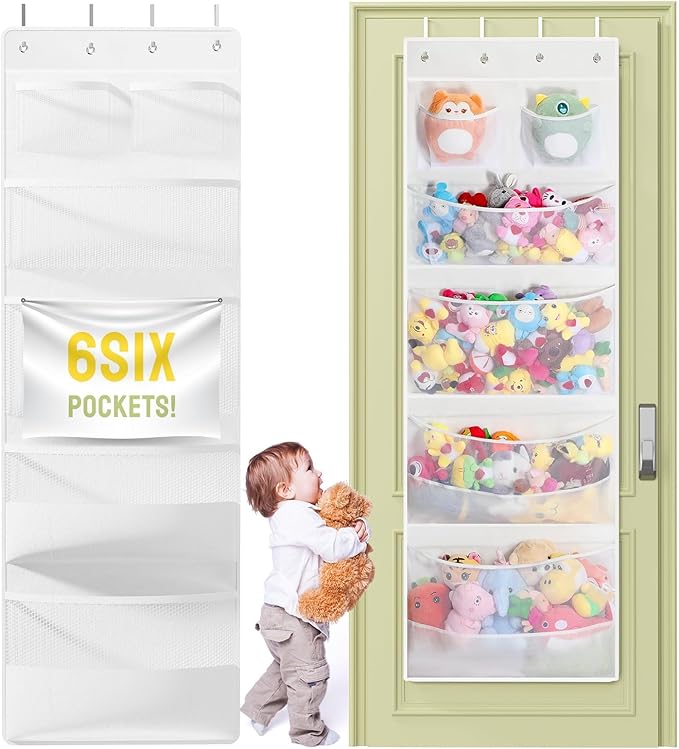 Yecaye Stuffed Animal Storage, Hanging Organizer for Stuffed Animals with 6 Expandable Mesh Net Pockets, Stuffed Animal Hammock, Over the Door Organizer, White