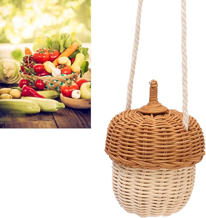 Fdit Kids Rattan Storage Basket Bag, Hand Woven Pine Cone Shaped Basket for Boys Girls Home Decor Storage Box Photography Props (Small Shoulder Bag)