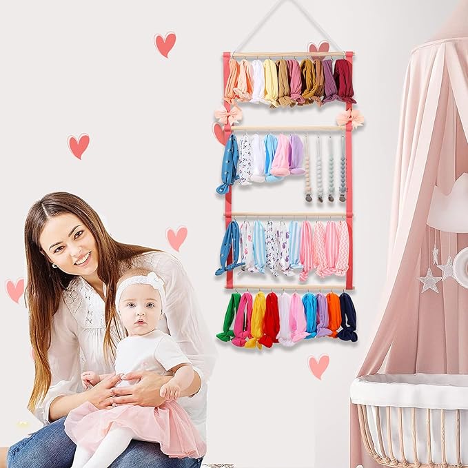 Baby Headband Organizer - Bow Holder & Clip Storage for Girls' Hair Bows - Wall Hanging Decor (Pink)