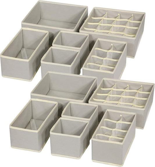 12 Pack Foldable Drawer Organizer Dividers Cloth Storage Box Closet Dresser Organizer Cube Fabric Containers Basket Bins for Underwear Bras Socks Panties Lingeries Nursery Baby Clothes Gray