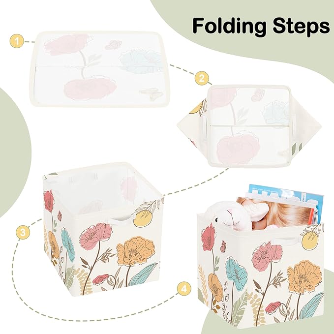 11.8" Wild Flower Storage Cube Organizer Set 3Pcs Clothes Storage Basket Bin for Closet Shelf Garden Butterfly Nursery Kid Room Book Toy Chest, Boho Leaf