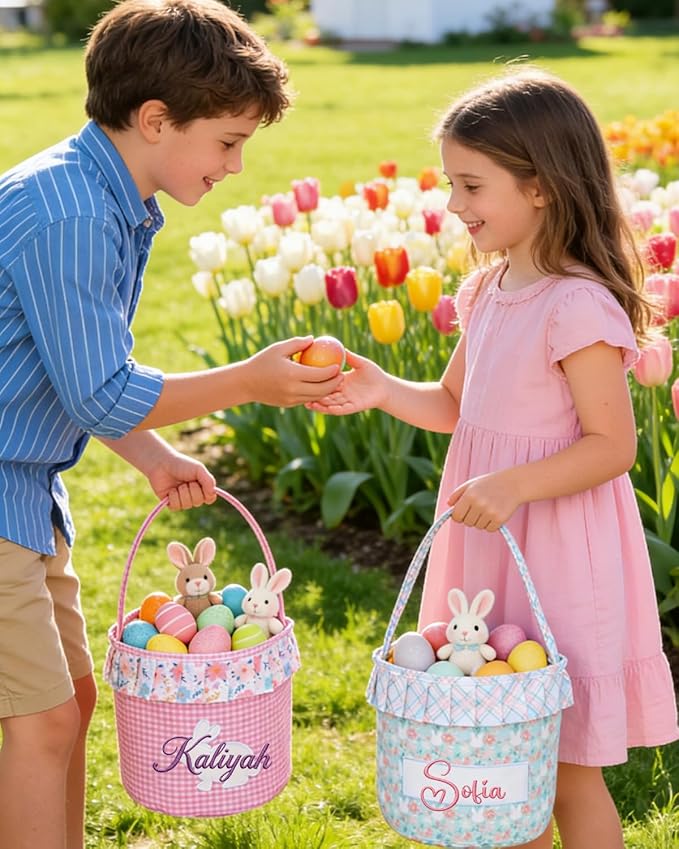 Personalized Easter Floral Bunny Basket for Kids, Custom Cute Rabbit Basket w/Embroidered Name, Customized Egg Hunt Storage Bags with Handles, First Easter Gifts for Newborn Baby Toddler Boy Girls