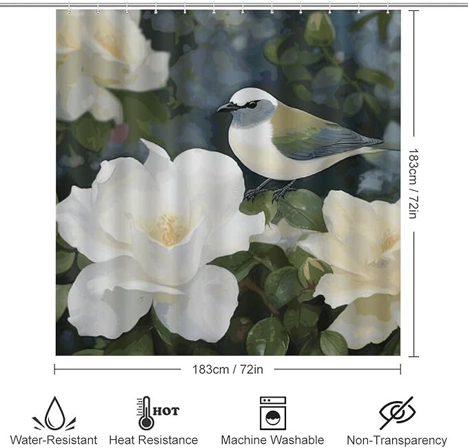 4 Piece Bathroom Rug Set with Shower Curtain, Non-Slip Bath Mat Toilet Cover Set, Gardenia Flowers Birds Bathroom Rug Sets