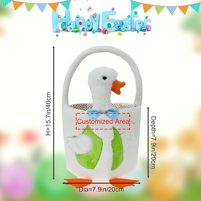 DearSun Exquisite Embroidery ! Personalized Plush Goose Basket Easter Egg Hunting Basket Easter Basket with Embroidery Name (Plush White Goose)