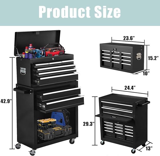 8-Drawer Rolling Tool Chest – 2-in-1 Lockable Tool Box with Wheels, Sliding Drawers & Detachable Top – Garage & Workshop Storage Cabinet, Black