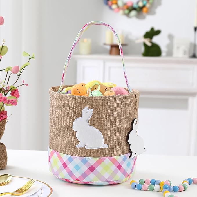 Easter Basket – Bunny Basket with DIY Blank Wooden Bunny Tag for Kids, Boys, Girls, Easter Egg Hunt, Candy Gift Storage (Pink)