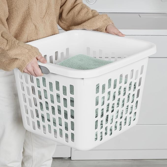 1.5 Bushel Square Plastic Laundry Basket with Two Comfortable Handles, White