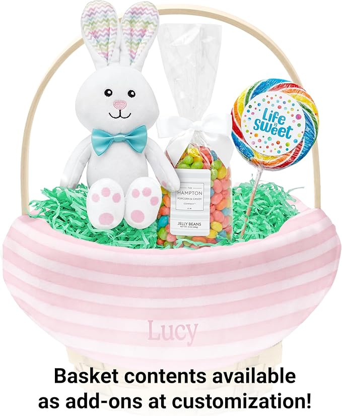 Let's Make Memories Personalized Easter Basket for Kids- For Boys - For Girls - Create Your Own - Fillable - Wicker - Easter Basket Stuffers - Large - Pink Watercolor Stripes