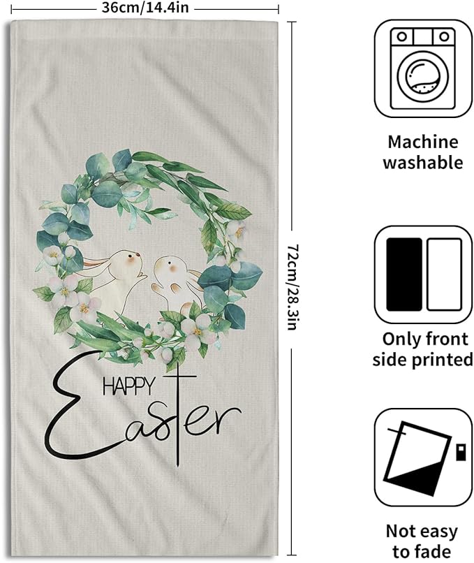 Happy Easter Hand Towels Green Leaves Kitchen Towels Set of 2 Soft Absorbent Easter Rabbit Bunny Bath Towels 14x28 Inch Spring Holiday Beige Dish Towels for Bathroom Kitchen Bar Tea Gym Spa Decor