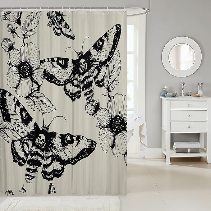 Gothic Skull Bathroom Shower Curtain Set Decorative Death Moth and Flowers Bath Curtain Kids Stalls Decor Pesonalized Skeleton Bones Shower Curtain Black Cream Waterproof Bathroom Curtains 72"x72"