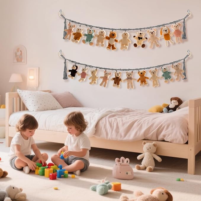 80" Cotton Hanging Storage Chain for Stuffed Animals Storage with 20 Metal Clips, Stuffed Animal Organizer Chain for Wall Corner Nursery Play Room, Grey