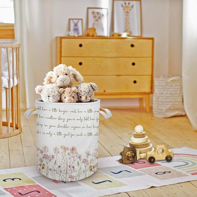 Floral Girl Nursery Laundry Basket Hamper, Toybox for Girls, Pastel Wildflower Waterproof Collapsible Storage Bin Organizer for Bedroom Bathroom Girls Room Dorm Clothes Toys Books