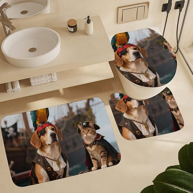 4 Piece Bathroom Rug Set with Shower Curtain, Non-Slip Bath Mat Toilet Cover Set, Dog and Cat Adventure Bathroom Rug Sets