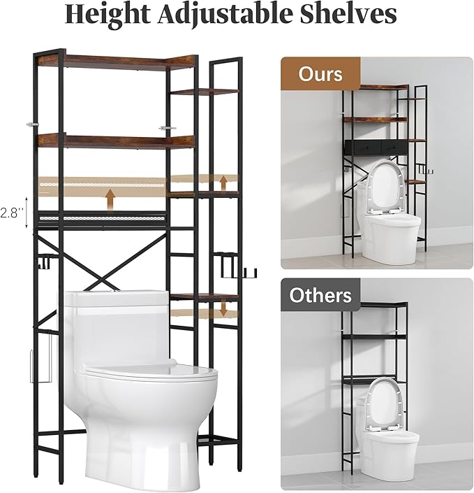 Over The Toilet Storage Shelf with Drawer, 7-Tier Above Toilet Bathroom Organizer with 4 Adjustable Side Shelves, Space Saver Freestanding Rack with Holder & Hook for Laundry Kitchen (Brown)