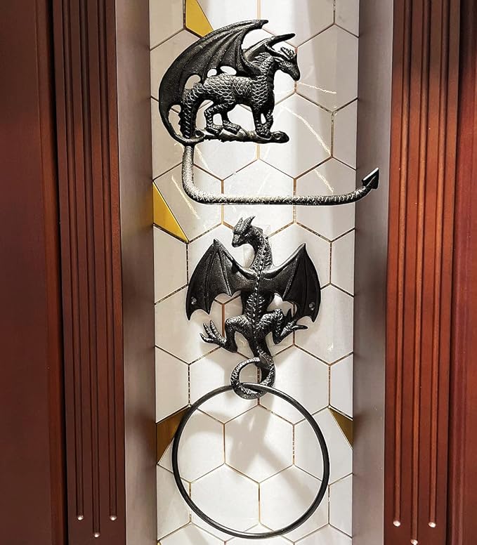 Gothic Dragon Cast Iron Toilet Paper Holder and Towel Ring Set, Wall Mounted Decorative Bathroom Accessories, 2 PCs