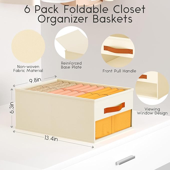 Closet Organizers and Storage - 6 Pack Storage Bins Baskets for Organization Foldable Closet Organizer with Clear Window & Handles for Clothes, Toys, Towels, Small Essentials (Beige)
