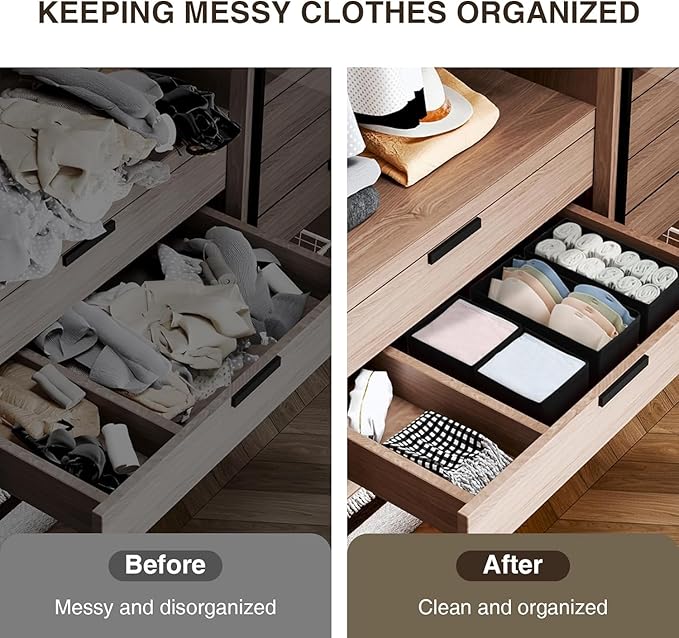 DIMJ Drawer Organizers - Set of 8 Foldable Closet Dividers for Baby Clothes, Socks, Belt, Tie (Black)