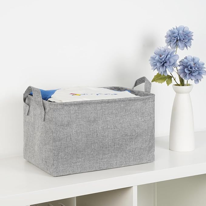 Bidtakay Rectangular Storage Basket, Collapsible Cube Storage Bins for Shelves, Waterproof PE Coating Storage Bins with Handles for Organizing Toys, Books, Blankets (15x10x9 inch-Grey)