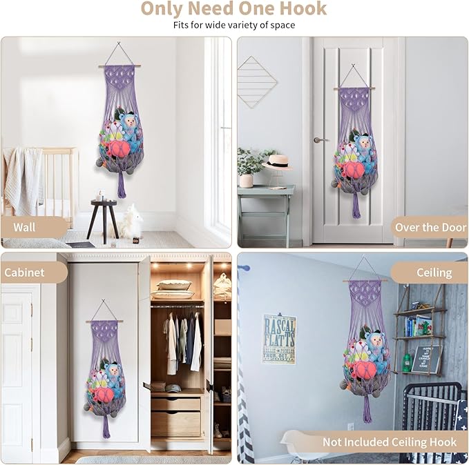 Stuffed Animal Storage Net, 63’’ Jumbo Stuffed Animal Hammock Corner Wall Ceiling Over Door Hanging Toy Hammock Organizer, Purple Boho Macrame Plushie Toy Net w/ LED Lights for Baby Boys Girls Gift