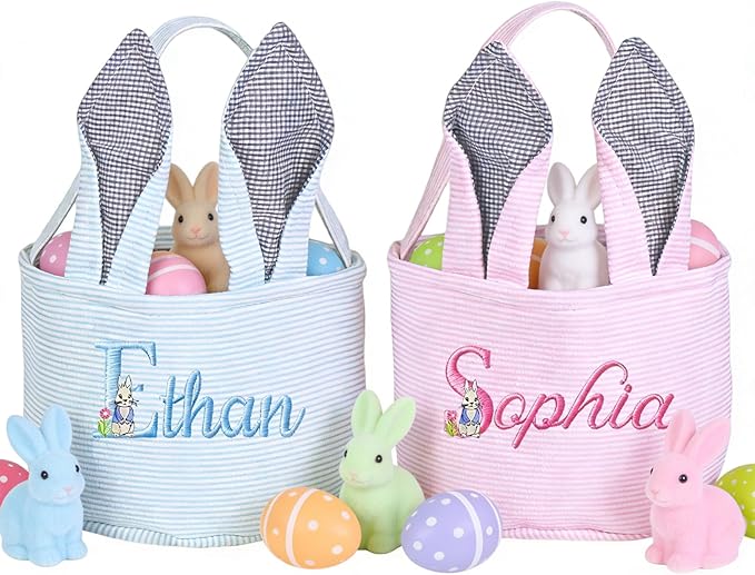 Personalized Easter Embroidered Basket with Name, Custom Seersucker Bunny Easter Egg Hunt Baskets for Kids, Monogram Cute Party Candy Bag with Handles, First Easter Gifts for Baby Girls Boys